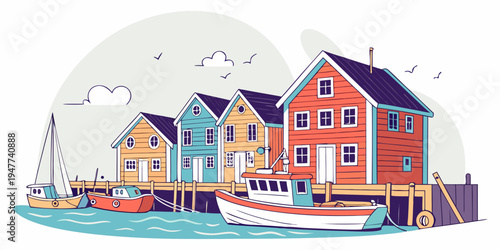 A colorful illustration of a harbor with houses and boats Vector