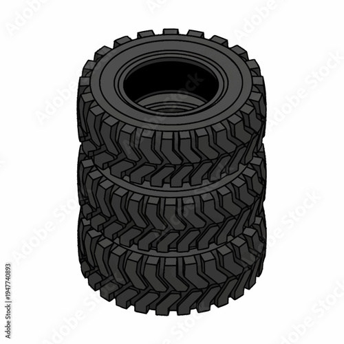 A stack of three heavy-duty industrial tires with aggressive tread patterns, suitable for off-road vehicles or heavy machinery.