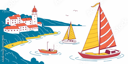 Sailboats on the water near a lighthouse Vector