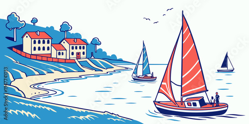 A sailboat on the water near a house Vector