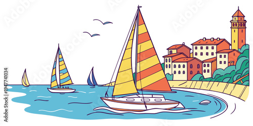 Sailboats on the water near a coastal town Vector