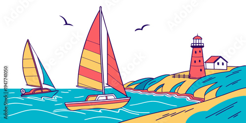 A colorful illustration of a sailboat near a lighthouse Vector