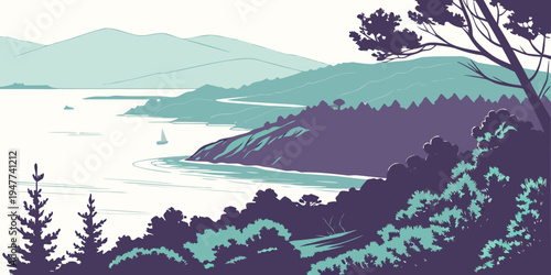 A serene landscape with a body of water and trees Vector