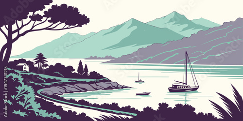 A sailboat on a serene lake with mountains in the background Vector