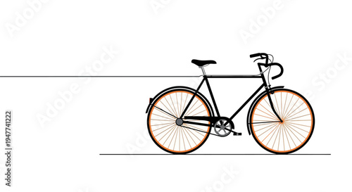 Minimalist Black Bicycle with Orange Wheels on a White Background with Grey