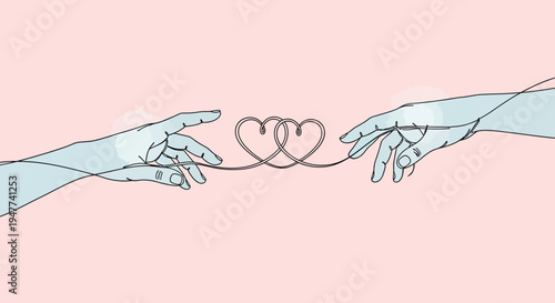 Minimalist Continuous Art of Two Hands Connecting Through Heart Shapes