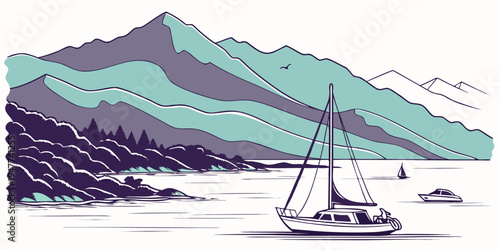 A sailboat on the water in front of a mountain range Vector