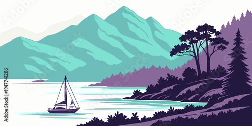 A sailboat on a lake with mountains in the background Vector