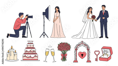 Comprehensive set of wedding photography illustrations features a photographer, a bride and groom, and various romantic icons.