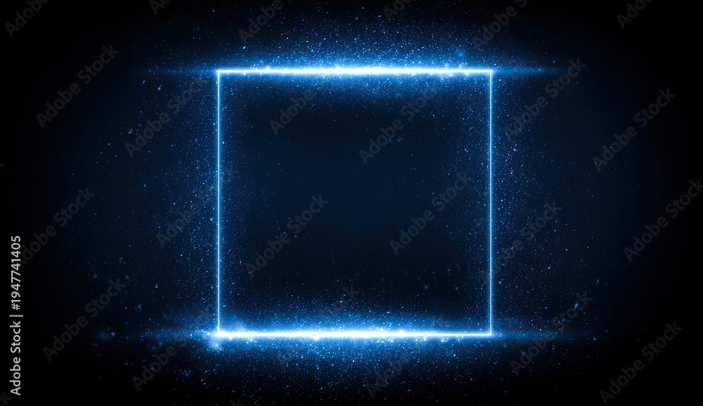 Obraz premium Glowing blue square frame against a dark background, with scattered particles