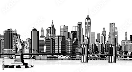 New York City Skyline with Statue of Liberty and Brooklyn Bridge Illustration