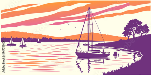 A sailboat on a body of water during sunset Vector