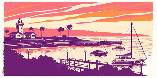 A purple and orange pixel art image of a harbor at sunset Vector