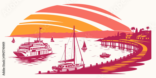 A red and orange illustration of boats in a harbor at sunset Vector