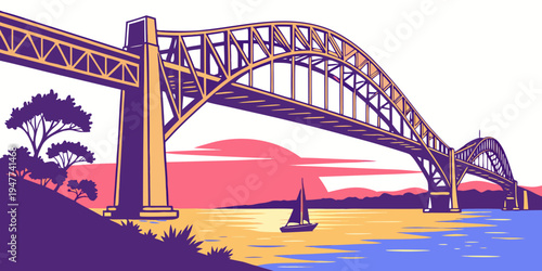 A large bridge over a body of water at sunset Vector