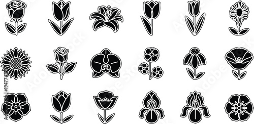 Black and white floral flowers symbols 5 tulips