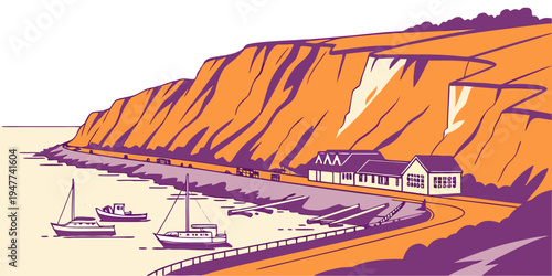 A scenic view of a rocky cliffside with boats Vector