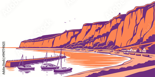 A rocky coastline with boats in the water Vector