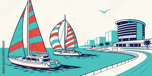 Sailboats floating on the water near a city Vector