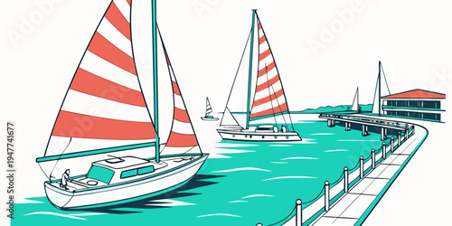 Sailboats on the water near a dock Vector