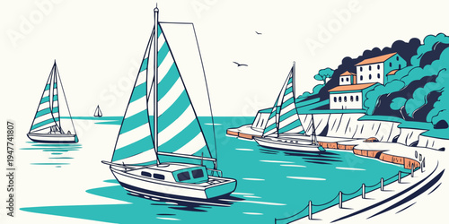 Sailboats are moored in a picturesque bay Vector