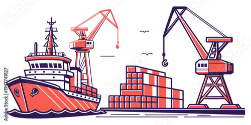 A cargo ship with cranes and shipping containers Vector