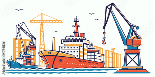 A large cargo ship with cranes on the dock Vector