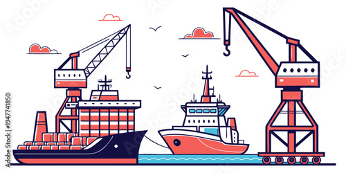 A cargo ship and a tug boat in a harbor with cranes Vector