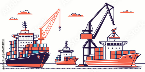 A cargo ship and a tug boat in a harbor with a crane Vector