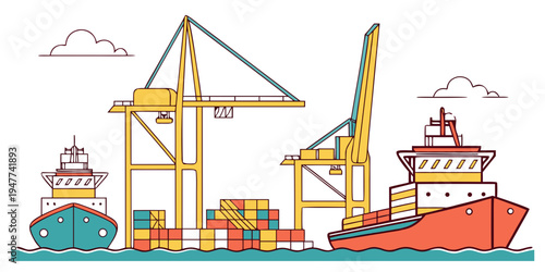 Cargo ship and cranes at a port facility Vector