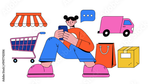 Flat vector illustration of online shopping with smartphone, shopping cart, delivery icons.