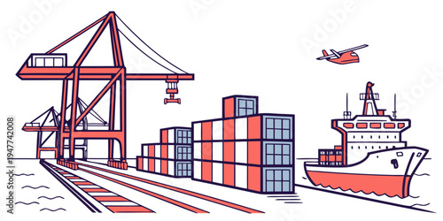 A cargo ship and containers at a port with a crane Vector