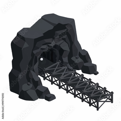 A dark, rugged cave entrance with a wooden bridge leading into its depths, suggesting adventure or exploration.