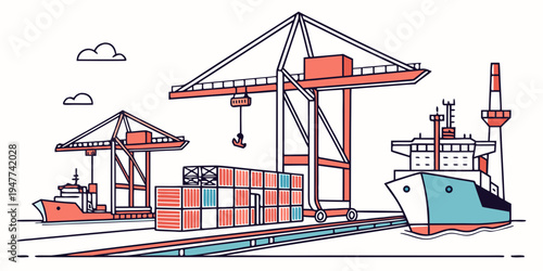 A cargo ship and cranes at a shipping port Vector
