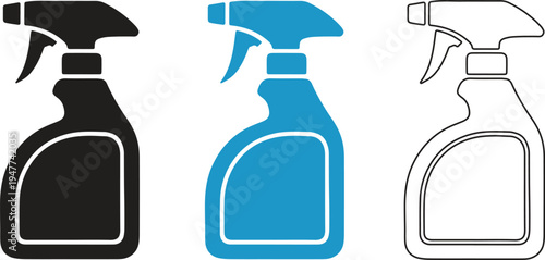 Three spray bottles in black blue and white colors for cleaning supplies