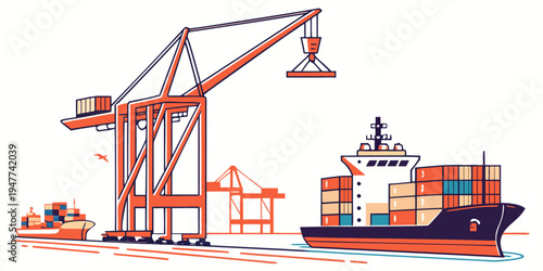 A cargo ship and crane at a port facility Vector