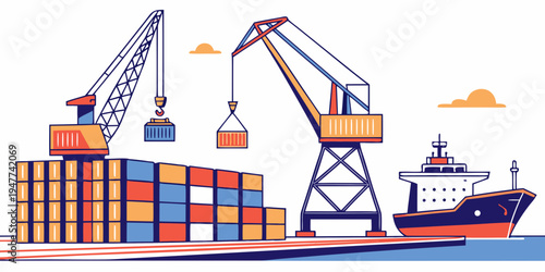 A cargo ship loading containers at a port Vector