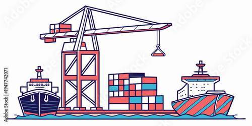 Cargo ships and cranes at a shipping port Vector