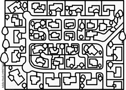 Stylized aerial view of a suburban neighborhood with houses and streets