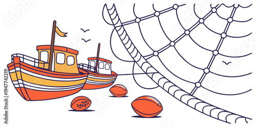 A small orange boat with a net and crabs Vector