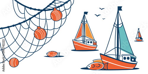 Sailboats and a fishing net on the water Vector