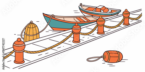 A boat is tied to a dock with a rope and buoy Vector
