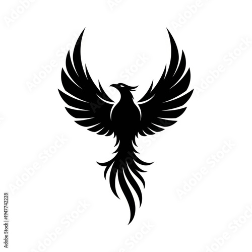 Black silhouette of a mythical phoenix bird with outstretched wings and a long flowing tail, symbolizing rebirth and immortality.