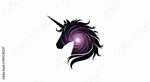 Silhouette of a unicorn head with a purple galaxy swirl inside