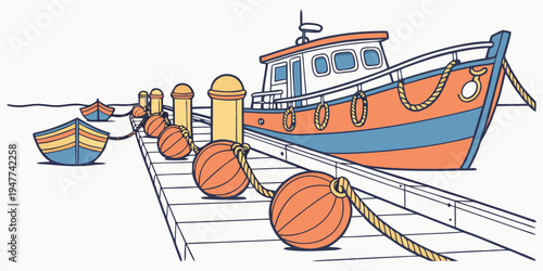 A large orange and blue boat sitting on a dock Vector