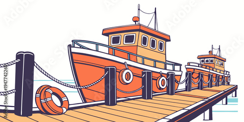 A large orange boat sitting on a dock Vector