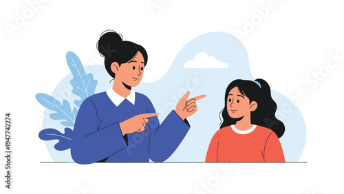 Woman wearing a blue shirt points her finger while talking to a young girl in a red shirt against a blue sky background.