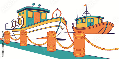 Two boats are docked at a pier with orange ropes Vector