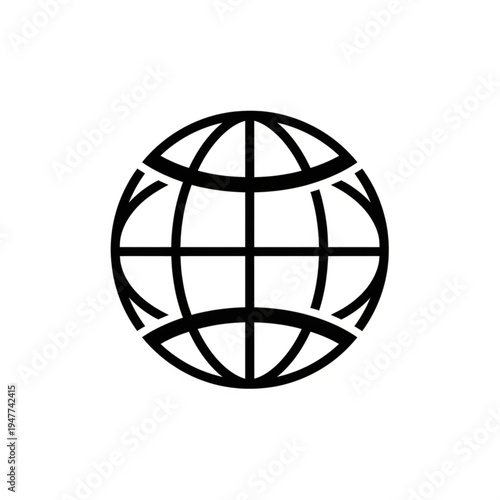 A simple black and white graphic icon representing a globe or planet Earth with latitude and longitude lines.