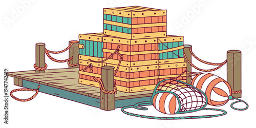A stack of wooden crates on a dock with a life preserver Vector